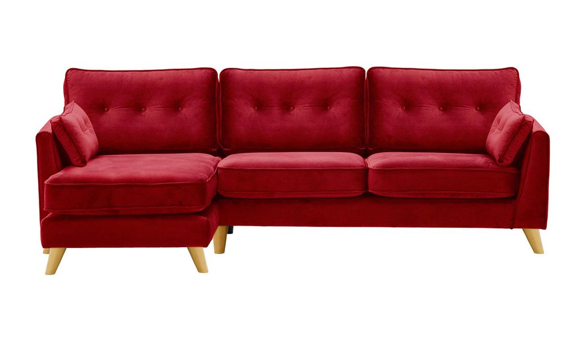Canapé d’angle gauche Magnus, rouge - Velluto 7, Couleur des pieds: Chêne clair