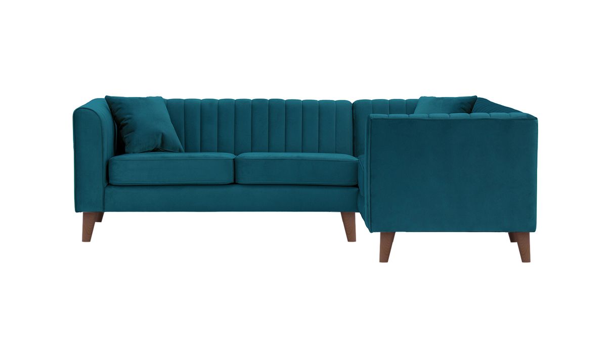 Canapé d’angle droit Mary, Velluto 36 - Bleu paon, Couleur des pieds: Chêne foncé