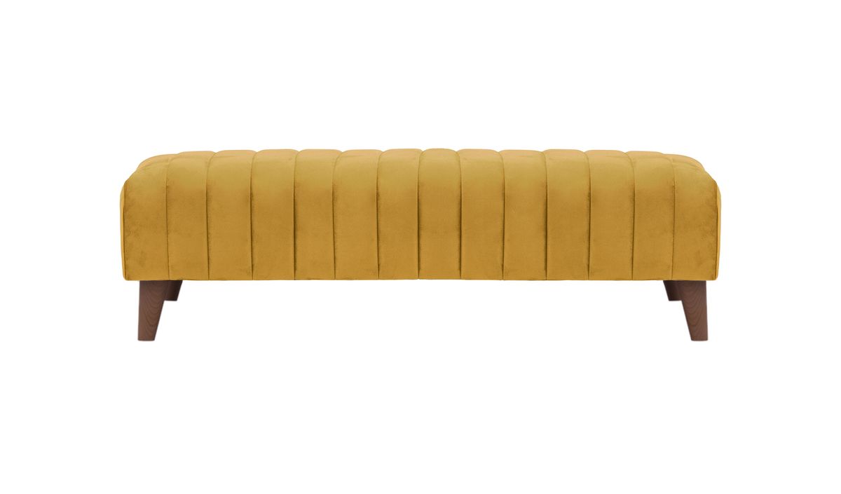 Grand pouf avec des coutures Mary, moutarde - Velluto 8, Couleur des pieds: Chêne foncé