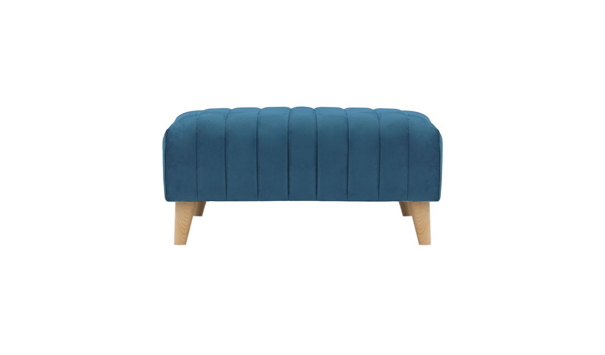 Petit pouf avec des coutures Mary, bleu - Velluto 11, Couleur des pieds: Chêne clair