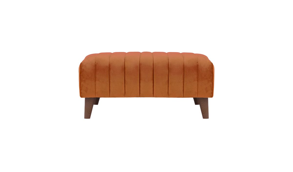 Petit pouf avec des coutures Mary, Velluto 33 - orange rouillé, Couleur des pieds: Chêne foncé