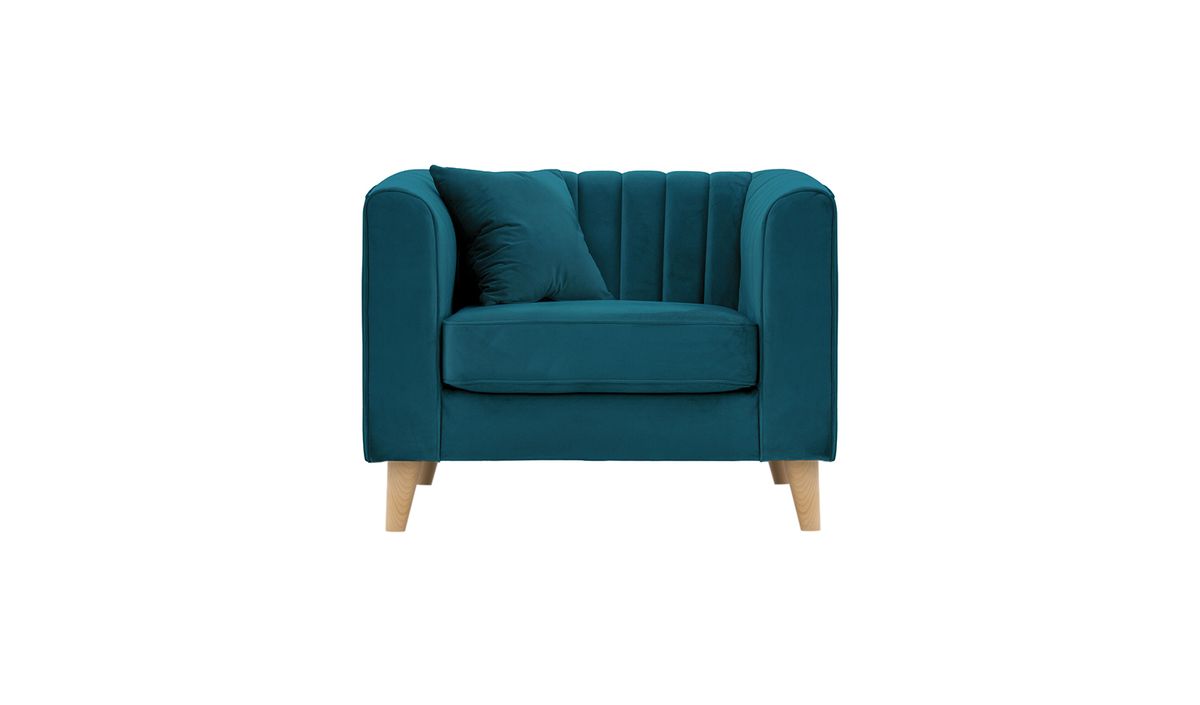 Fauteuil Mary, Velluto 36 - Bleu paon, Couleur des pieds: Chêne clair