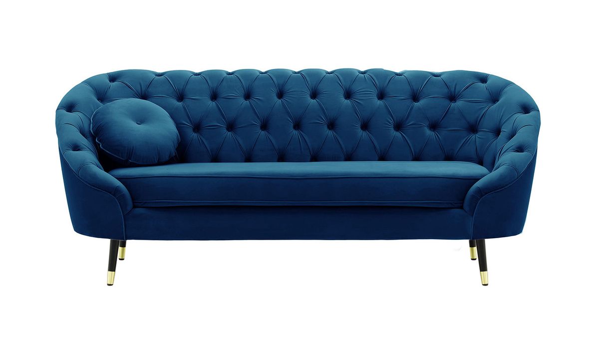 Canapé 2,5 places Kooper capitonné, bleu - Velluto 11, Couleur des pieds: Noir avec pourtour doré