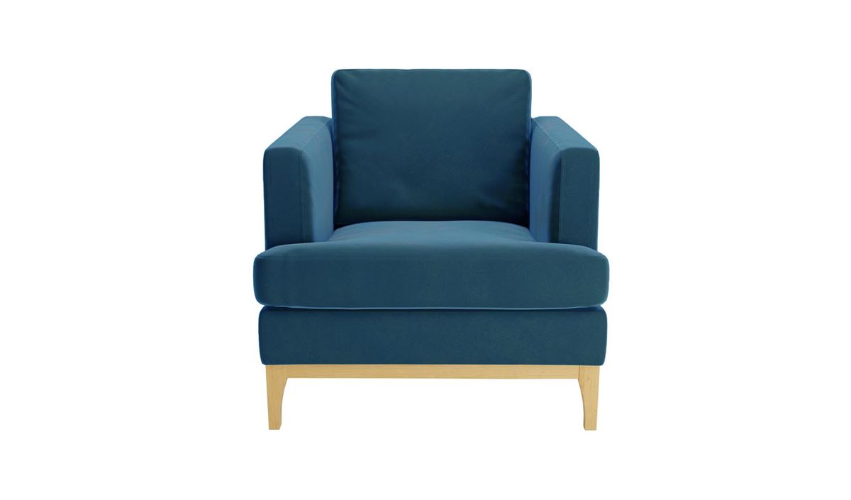 Fauteuil Scarlett, bleu - Velluto 11, Couleur des pieds: Chêne clair