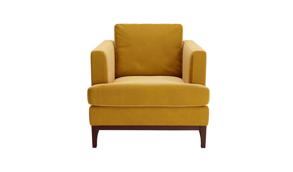 Fauteuil Scarlett, moutarde - Velluto 8, Couleur des pieds: Chêne foncé