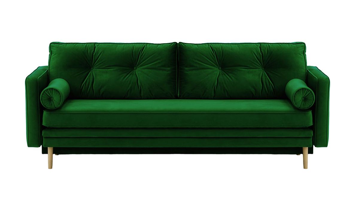 Canapé convertible Mossa avec coffre de rangement, vert foncé - Velluto 10, Couleur des pieds: Noir wax