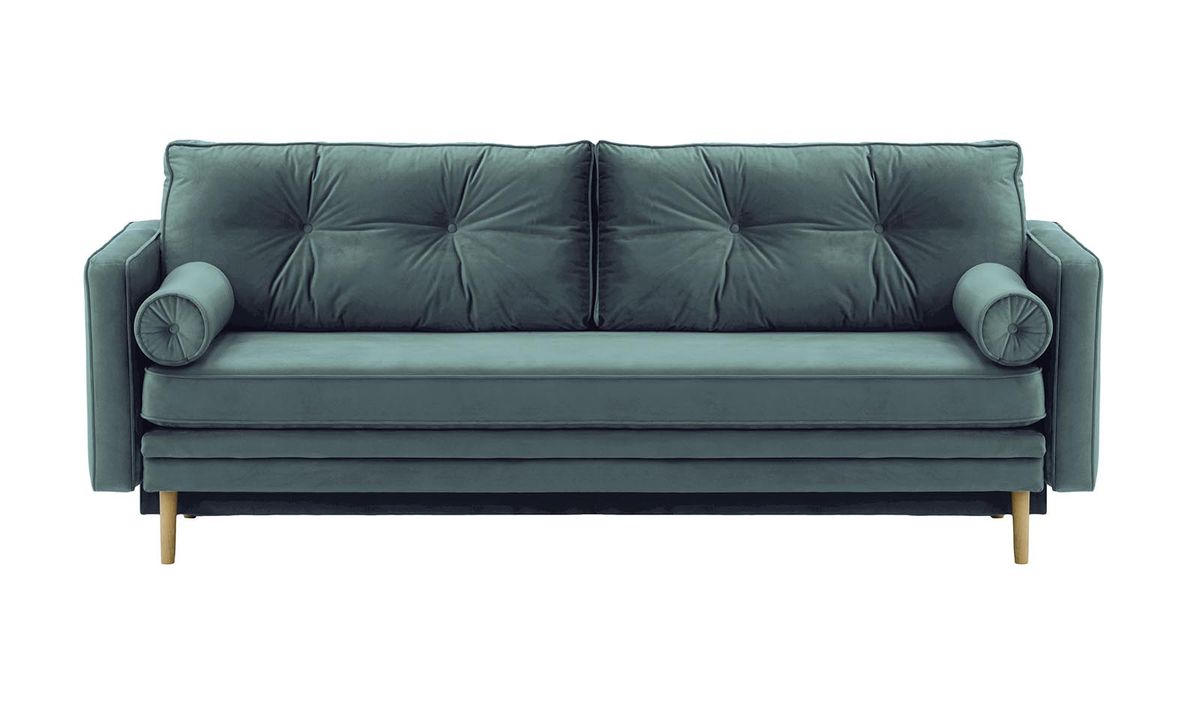 Canapé convertible Mossa avec coffre de rangement, bleu - Velluto 12, Couleur des pieds: Noir wax