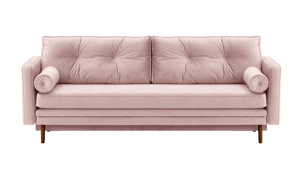 Canapé convertible Mossa avec coffre de rangement, lila/rose - Velluto 14, Couleur des pieds: Chêne foncé