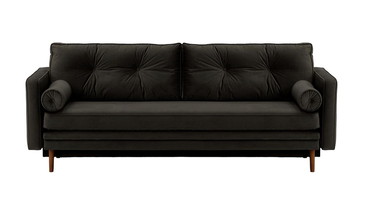 Canapé convertible Mossa avec coffre de rangement, noir - Velluto 20, Couleur des pieds: Chêne foncé