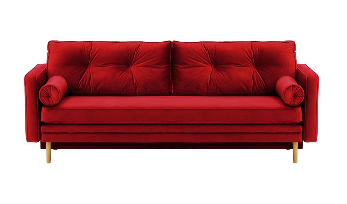 Canapé convertible Mossa avec coffre de rangement, rouge - Velluto 7, Couleur des pieds: Chêne clair