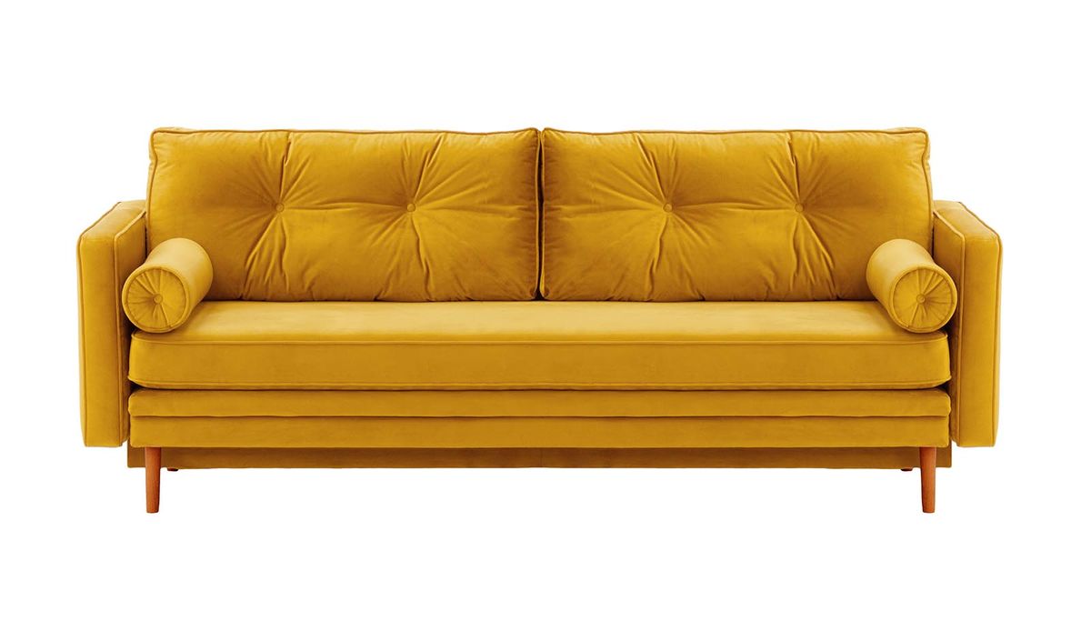 Canapé convertible Mossa avec coffre de rangement, moutarde - Velluto 8, Couleur des pieds: aveo