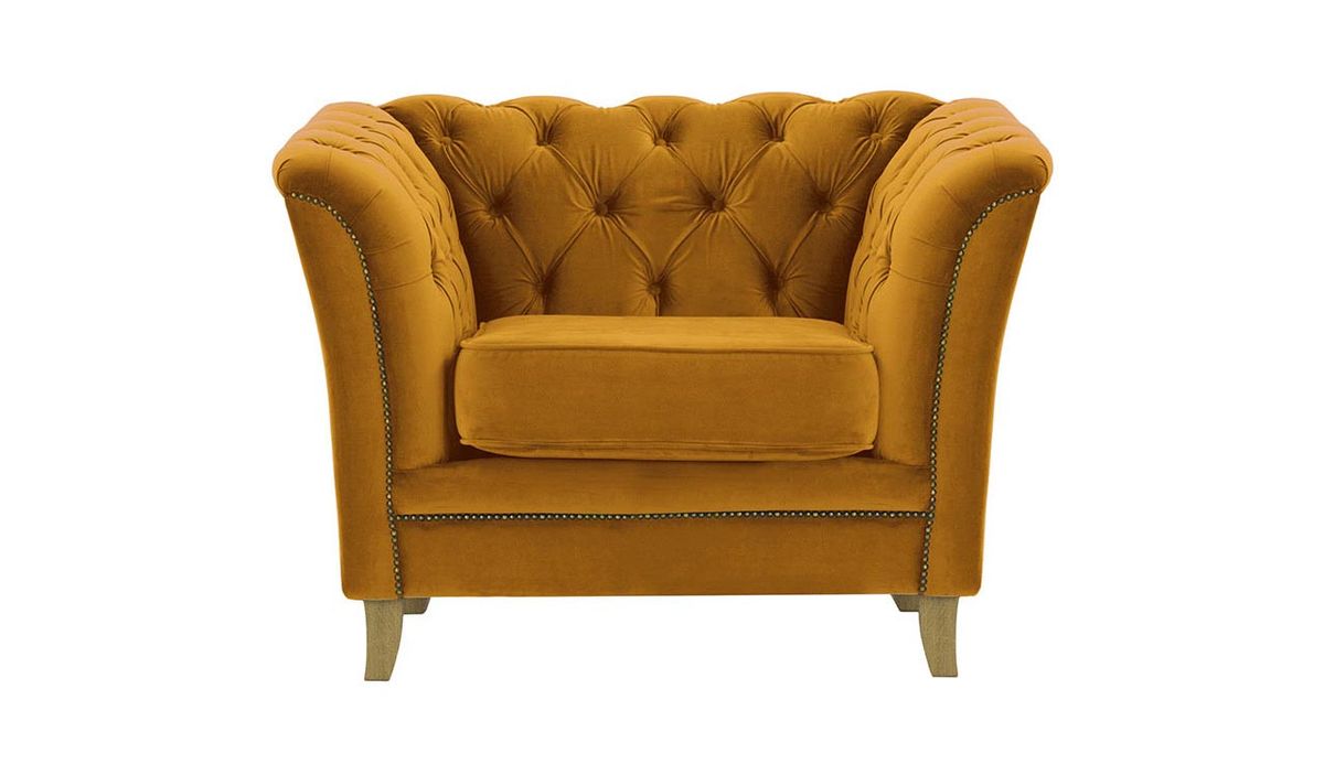 Fauteuil Karin, moutarde - Velluto 8, Couleur des pieds: Chêne clair
