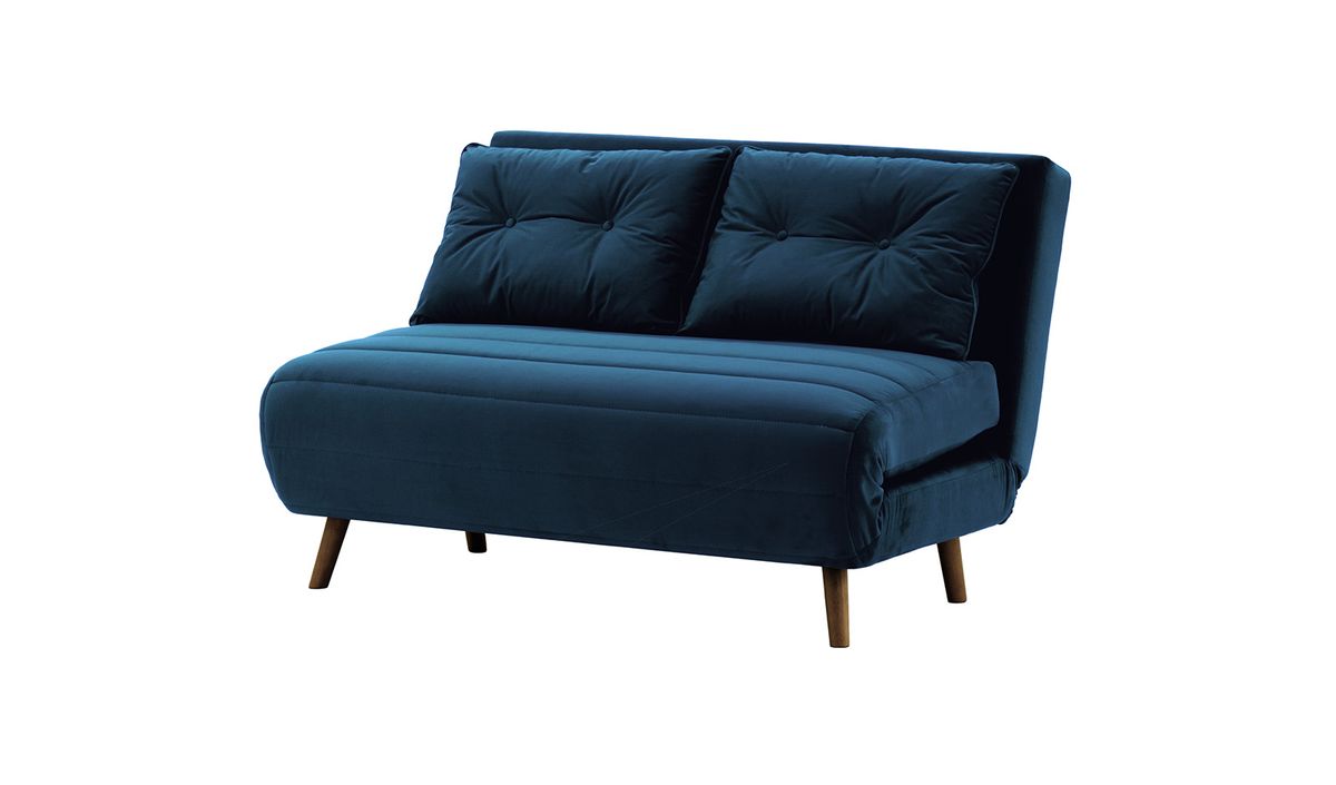 Canapé convertible deux places Flic - large de 120 cm, bleu - Velluto 11, Couleur des pieds: Chêne foncé