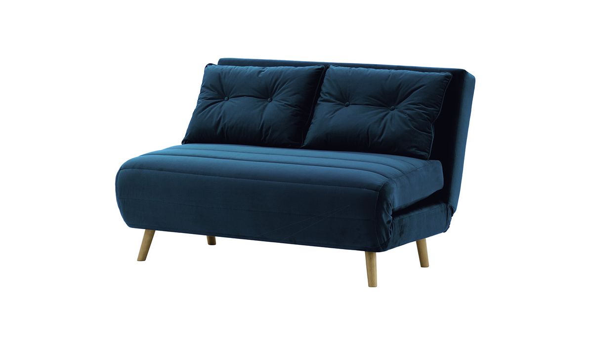 Canapé convertible deux places Flic - large de 120 cm, bleu - Velluto 11, Couleur des pieds: Noir wax