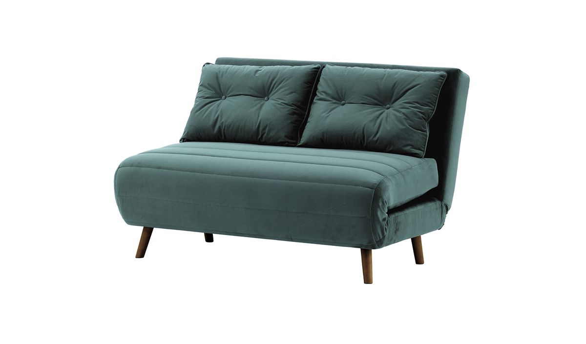 Canapé convertible deux places Flic - large de 120 cm, bleu - Velluto 12, Couleur des pieds: Chêne foncé