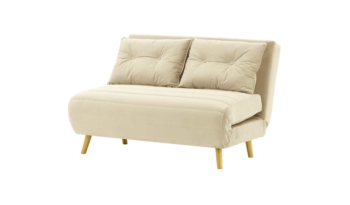 Canapé convertible deux places Flic - large de 120 cm, beige clair - Velluto 2, Couleur des pieds: Chêne clair