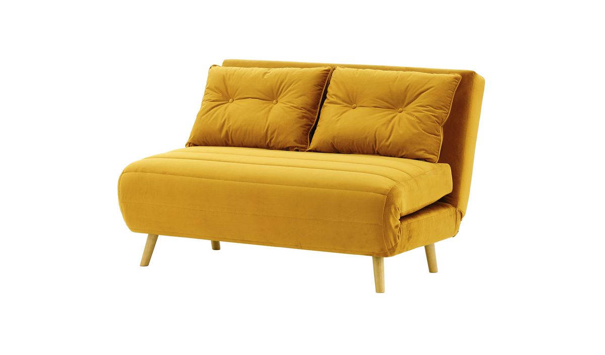 Canapé convertible deux places Flic - large de 120 cm, moutarde - Velluto 8, Couleur des pieds: Chêne clair
