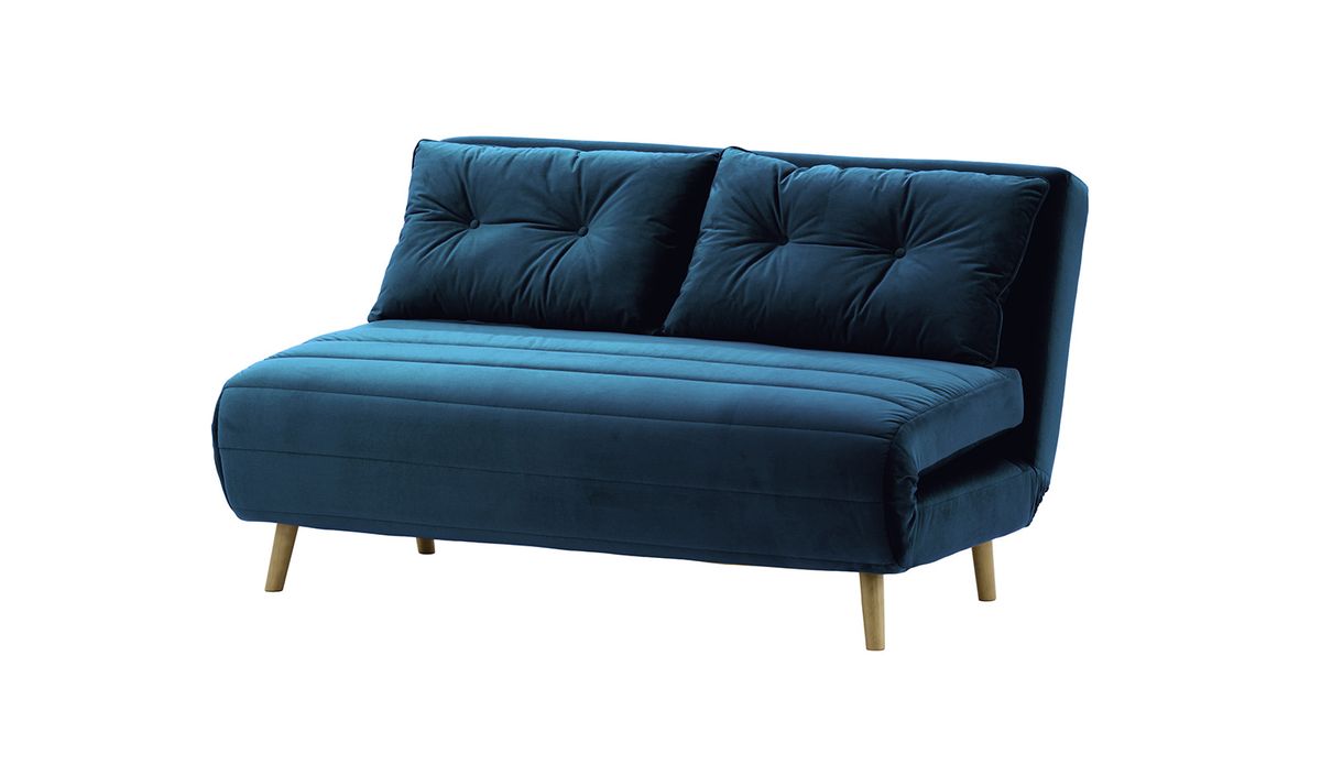 Canapé convertible 2,5 places Flic - large de 142 cm, bleu - Velluto 11, Couleur des pieds: Noir wax