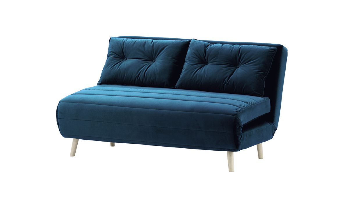 Canapé convertible 2,5 places Flic - large de 142 cm, bleu - Velluto 11, Couleur des pieds: Blanc