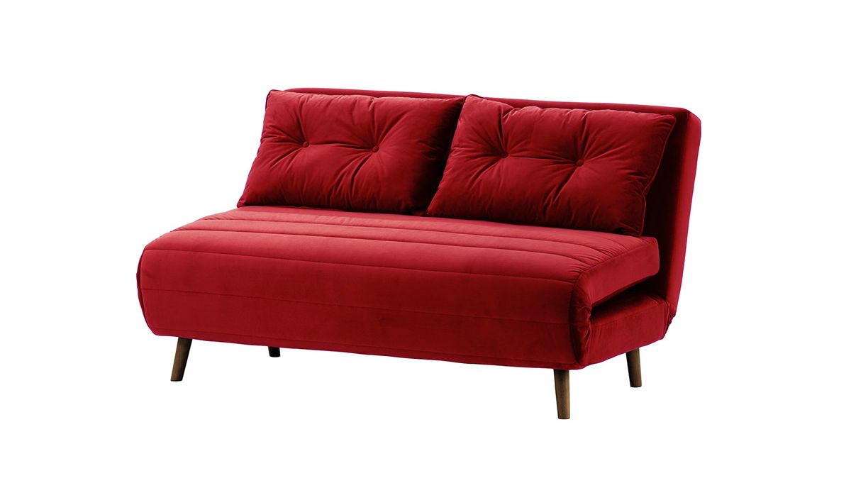 Canapé convertible 2,5 places Flic - large de 142 cm, rouge - Velluto 7, Couleur des pieds: Chêne foncé
