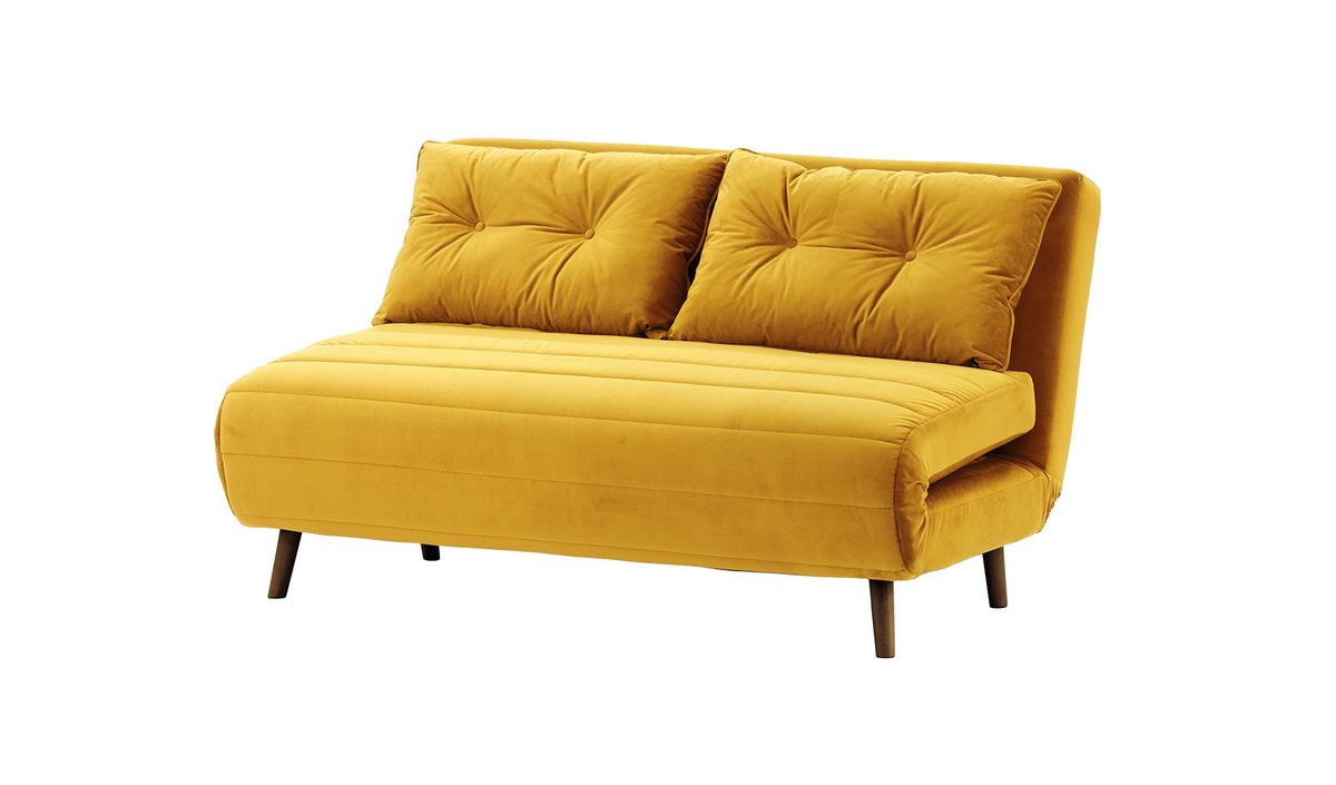 Canapé convertible 2,5 places Flic - large de 142 cm, moutarde - Velluto 8, Couleur des pieds: Chêne foncé