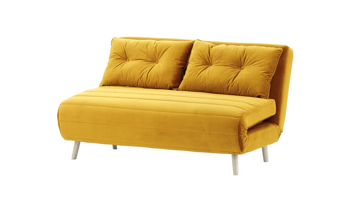 Canapé convertible 2,5 places Flic - large de 142 cm, moutarde - Velluto 8, Couleur des pieds: Blanc