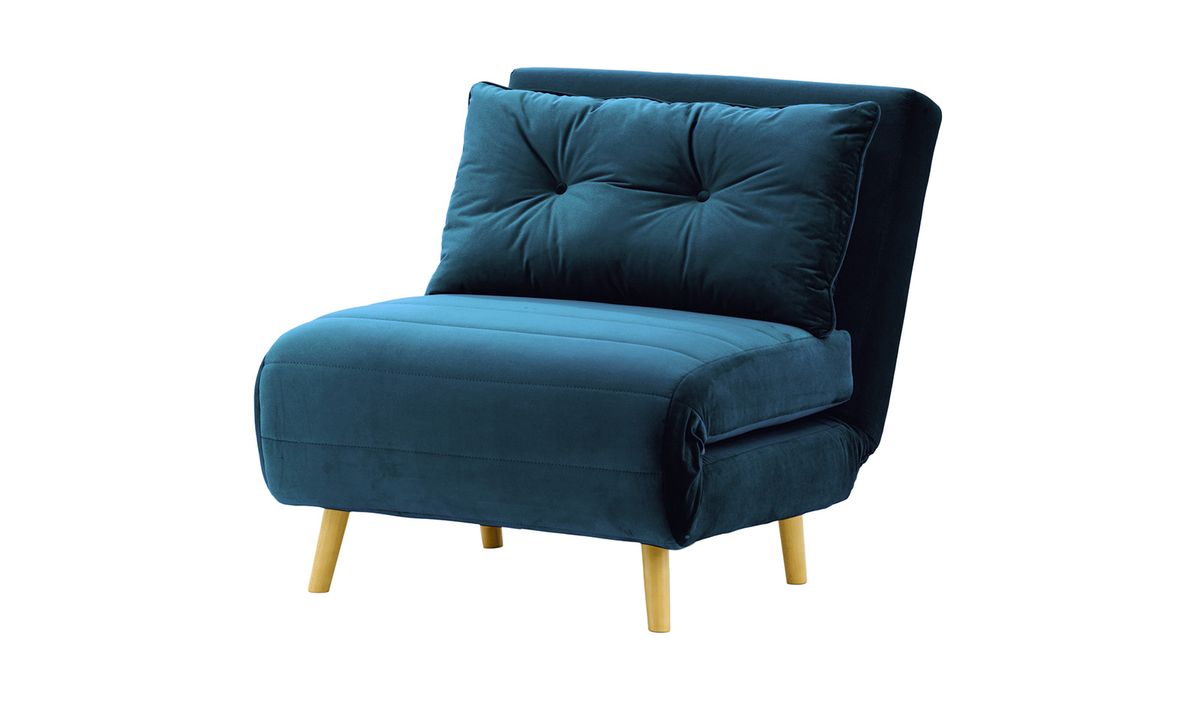 Fauteuil convertible Flic - large de 77 cm, bleu - Velluto 11, Couleur des pieds: Chêne clair