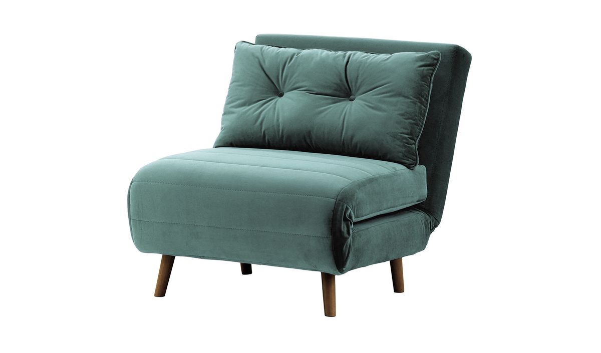 Fauteuil convertible Flic - large de 77 cm, bleu - Velluto 12, Couleur des pieds: Chêne foncé