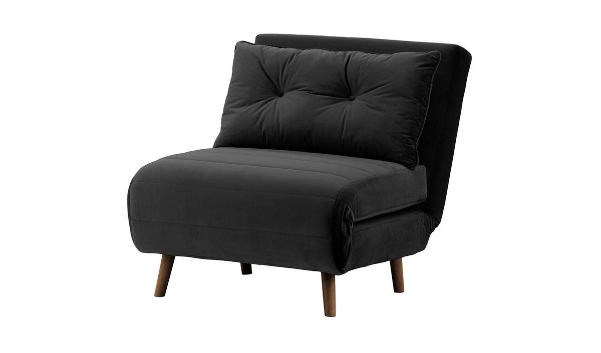 Fauteuil convertible Flic - large de 77 cm, noir - Velluto 20, Couleur des pieds: Chêne foncé