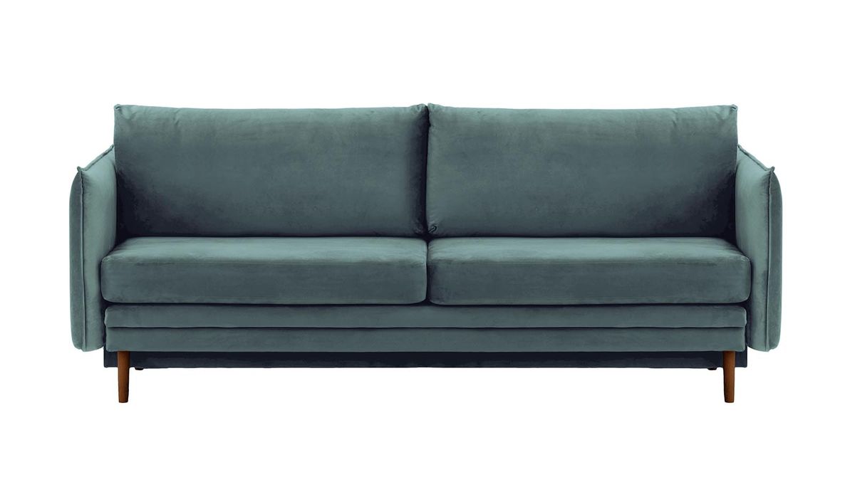 Canapé Nimbus avec fonction de couchage et coffre de rangement, bleu - Velluto 12, Couleur des pieds: Chêne foncé