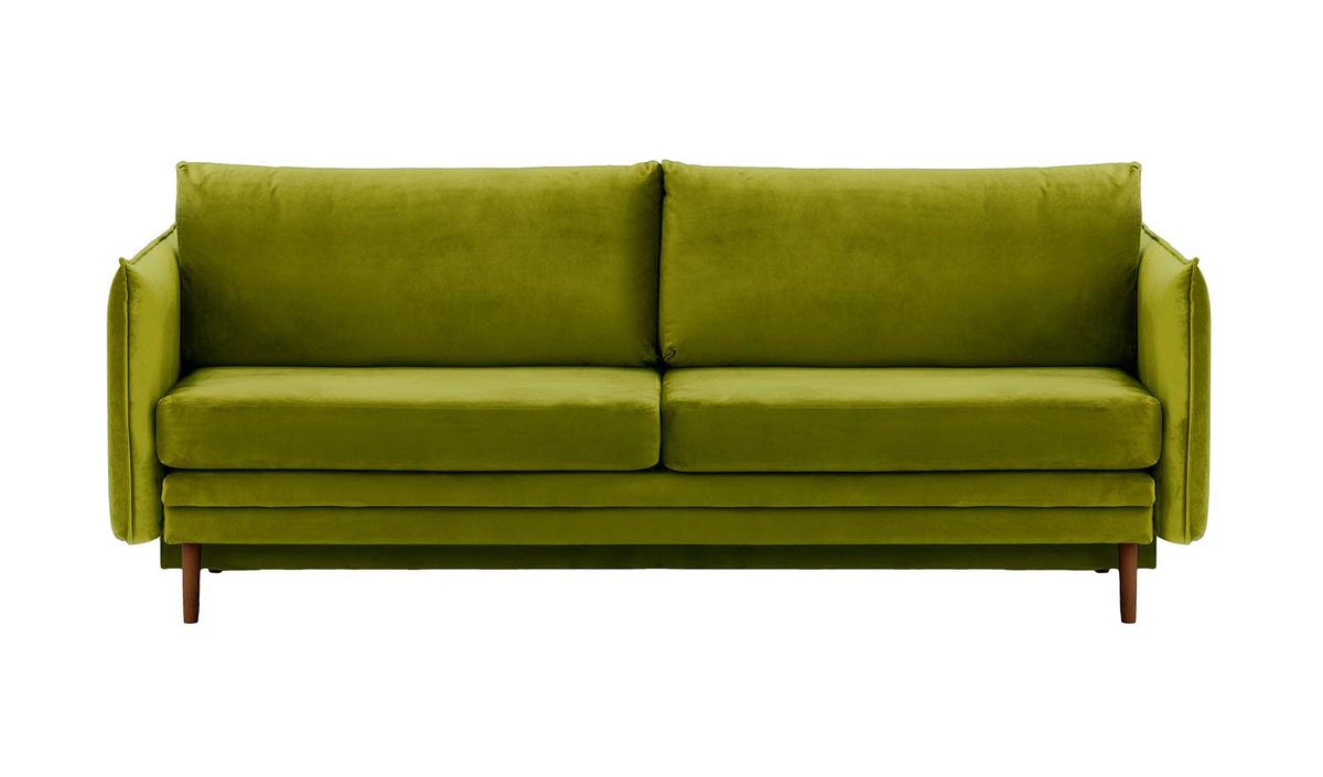 Canapé Nimbus avec fonction de couchage et coffre de rangement, olive - Velluto 9, Couleur des pieds: Chêne foncé