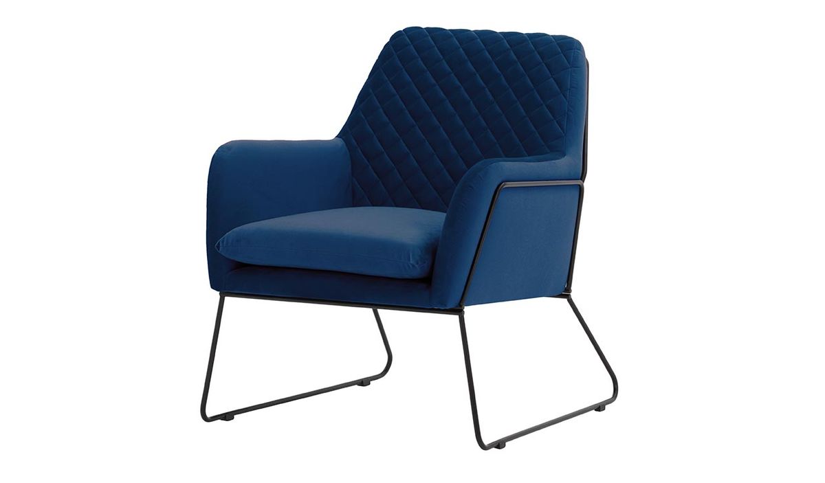Fauteuil Foxe avec coutures, bleu - Velluto 11, Couleur des pieds: Cadre métallique noir