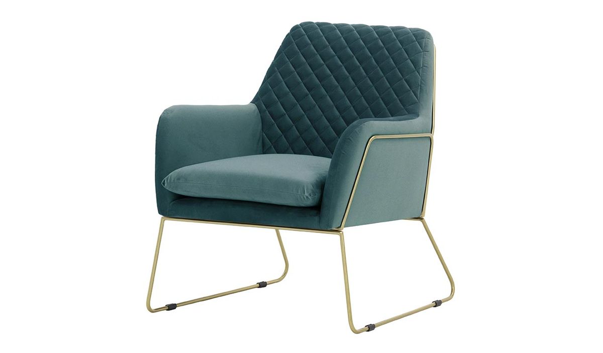 Fauteuil Foxe avec coutures, bleu - Velluto 12, Couleur des pieds: Cadre métallique doré