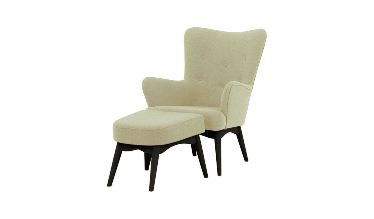 Fauteuil à oreilles avec repose-pied Savano, crème - Baku 15, Couleur des pieds: Noir