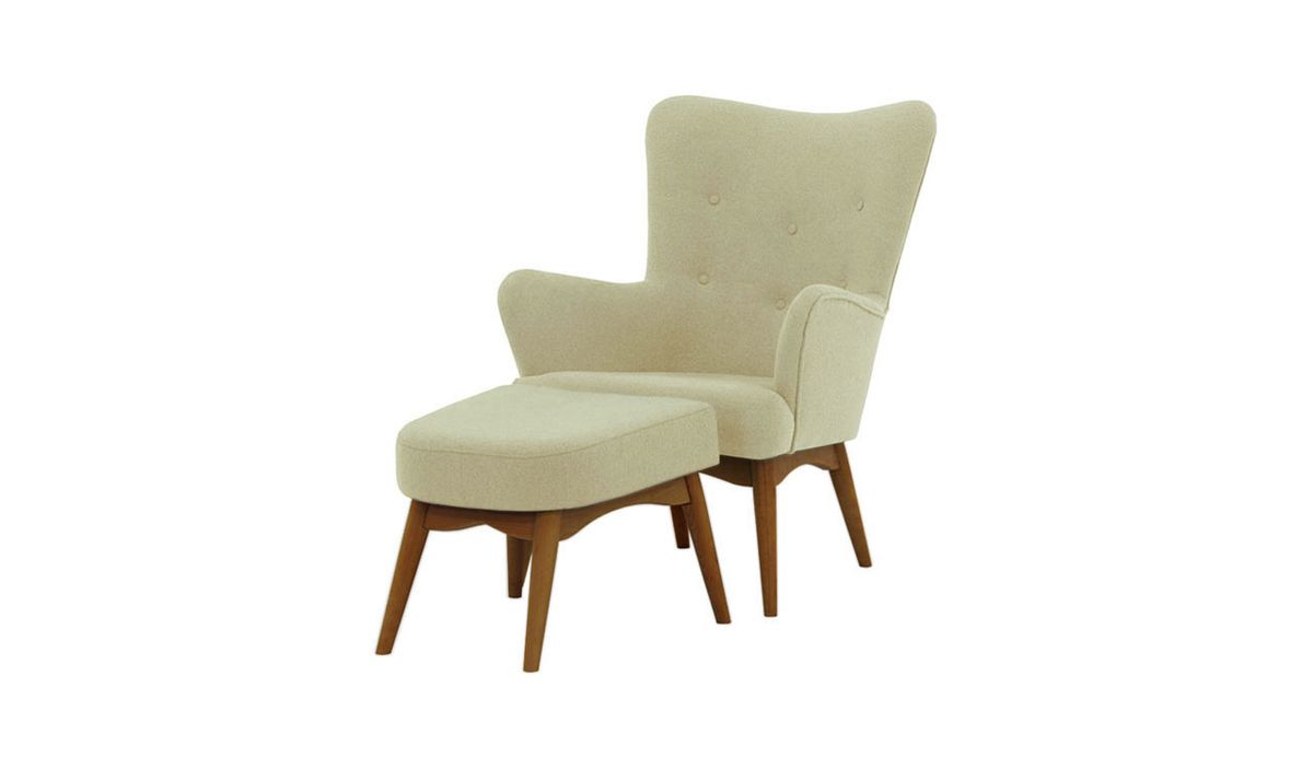 Fauteuil à oreilles avec repose-pied Savano, crème - Baku 15, Couleur des pieds: Chêne foncé