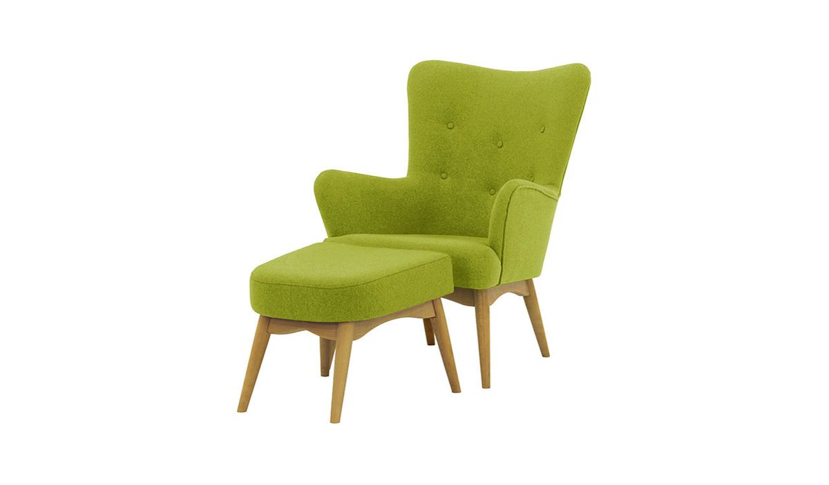 Fauteuil à oreilles avec repose-pied Savano, vert citron - Baku 7, Couleur des pieds: Chêne clair
