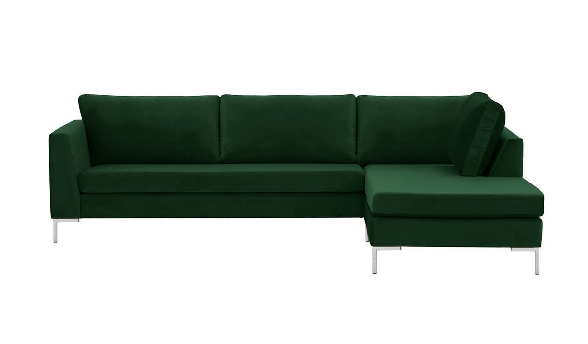 Canapé d’angle droit Gosena, vert foncé - Velluto 10, Couleur des pieds: Métal chromé