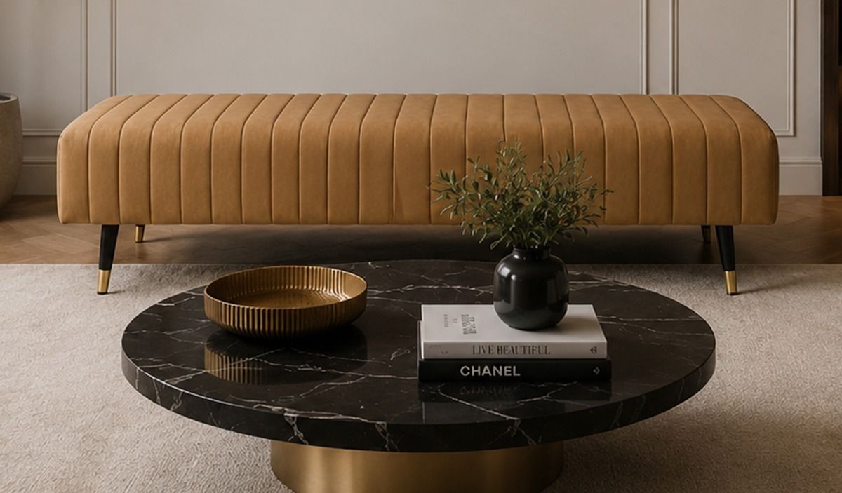 Pouf Slender avec coutures décoratives, Matt Velour Karamel - brun
