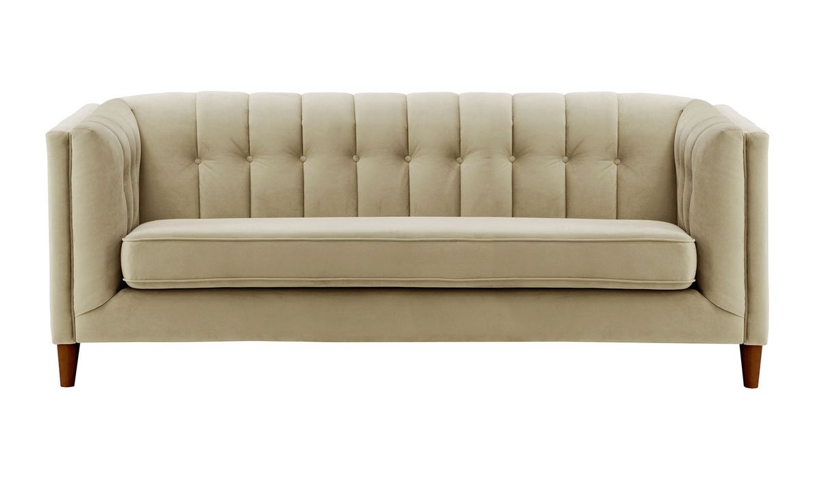 Canapé trois places Sodre, beige - Velluto 3, Couleur des pieds: Chêne foncé